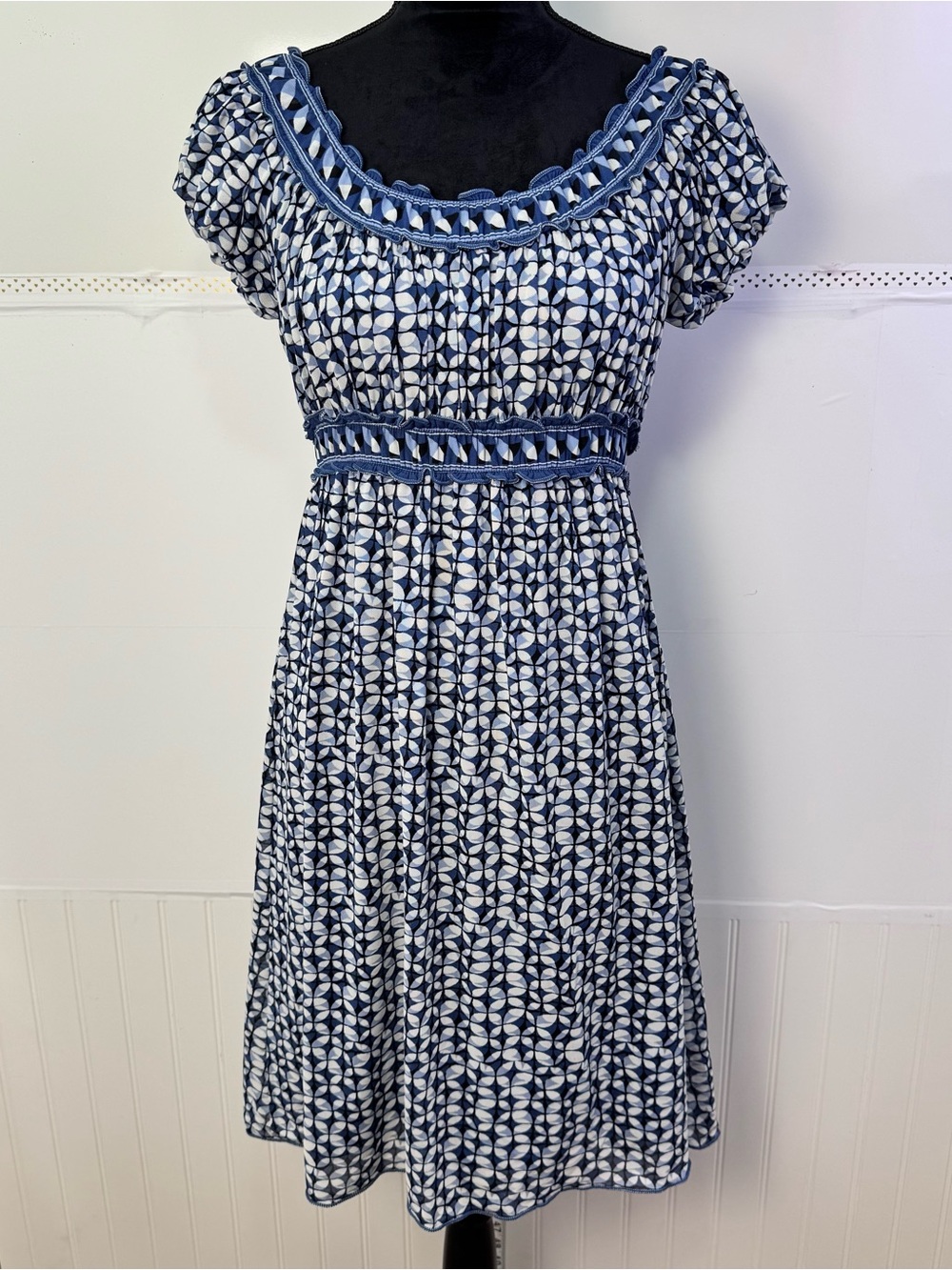 Max Studio Blue White Geometric Empire Waist Midi Dress Boho Cottagecore M